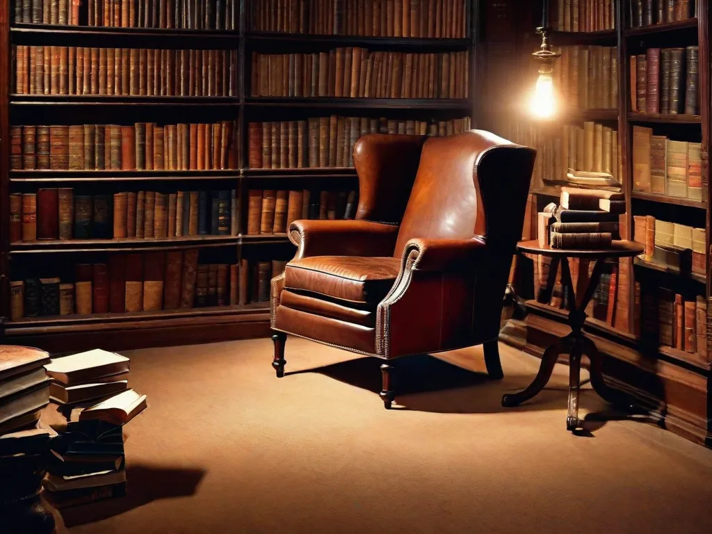 Descrição da imagem: Uma poltrona de couro desgastada está em uma sala com pouca iluminação, cercada por prateleiras transbordando de livros. Entre eles, uma coleção das obras de Arthur Conan Doyle se destaca, exibindo o icônico detetive Sherlock Holmes. Os braços da poltrona têm marcas de inúmeras horas passadas imerso em mistérios emocionantes,