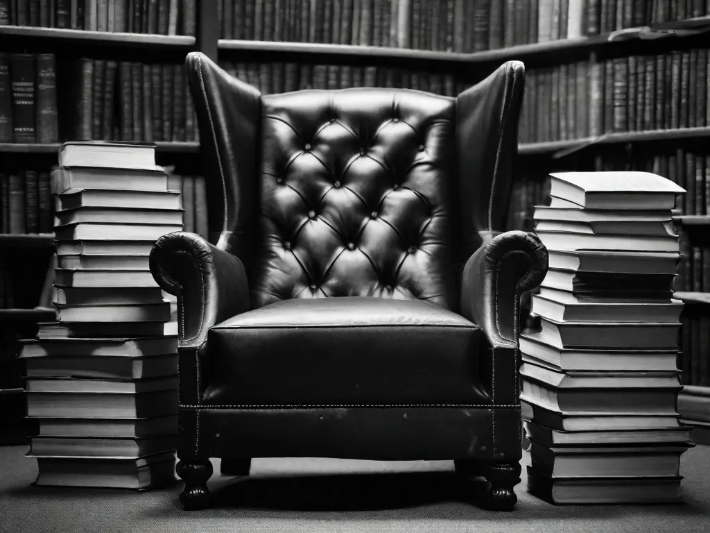 Descrição: Uma imagem em preto e branco captura um livro desgastado, encadernado em couro, com o nome de Virginia Woolf elegantemente gravado na capa. As páginas estão levemente amareladas, sugerindo a passagem do tempo, enquanto um par de óculos delicados repousa sobre elas, simbolizando a profunda jornada intelectual que aguarda dentro.