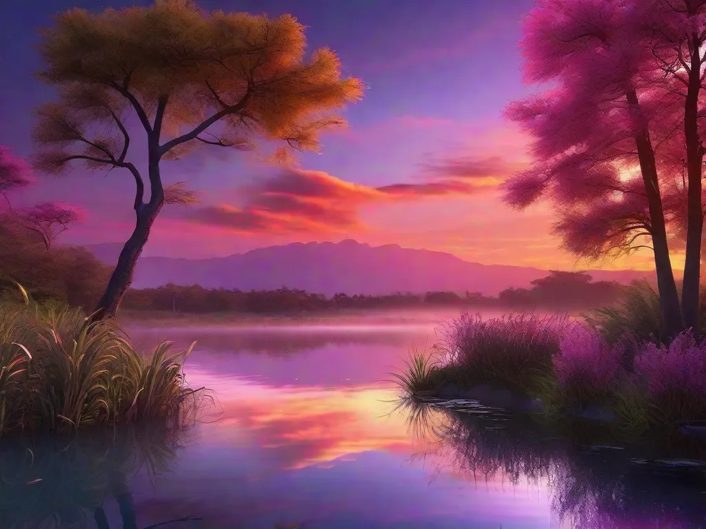 Tema: Beleza da Natureza
Descrição da Imagem: Um pôr do sol de tirar o fôlego sobre um lago sereno, com tons vibrantes de laranja, rosa e roxo pintando o céu. A água tranquila reflete as cores magníficas, criando um efeito hipnotizante de espelho. As árvores ao redor estão altas, suas folhas balanç