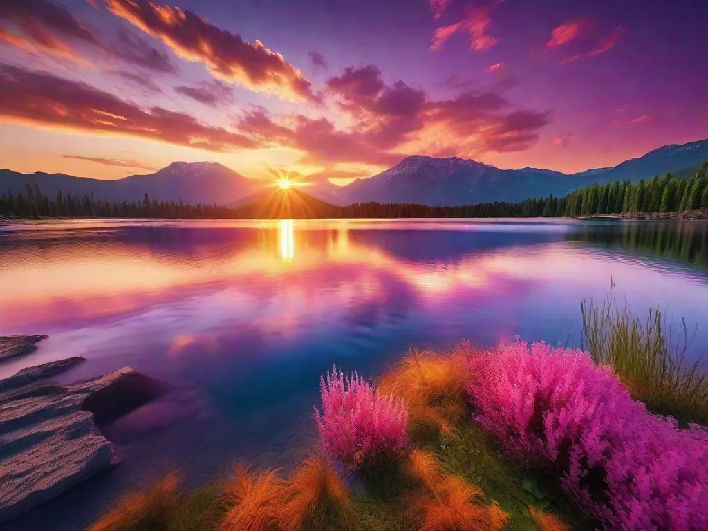 Tema: Beleza da Natureza
Descrição: Uma imagem deslumbrante captura a essência da beleza da natureza. O sol se põe atrás de uma majestosa cadeia de montanhas, lançando um brilho dourado sobre o sereno lago aninhado no vale. Árvores verdes exuberantes cercam a cena tranquila, refletindo suas cores vibrantes nas águas