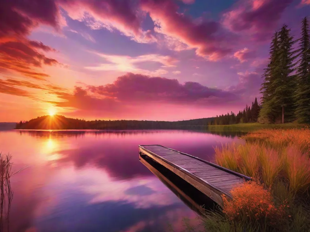 Tema: Beleza da Natureza
Descrição: Uma imagem impressionante de um pôr do sol vibrante sobre um lago sereno, lançando um brilho dourado e caloroso sobre a água. O céu é pintado com tons de laranja, rosa e roxo, criando uma cena de tirar o fôlego que captura a beleza e a tranquilidade da natureza.