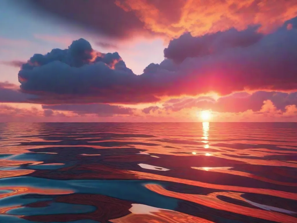 Descrição da Imagem: Um pôr do sol hipnotizante sobre um oceano sereno, onde os tons vibrantes de laranja e rosa se misturam perfeitamente com as águas azuis calmas. O sol, parcialmente escondido atrás de um grupo de nuvens fofas, lança um brilho quente no horizonte, criando uma cena de tirar o fôlego.
