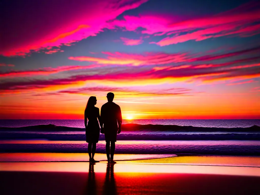 Descrição da imagem: Um pôr do sol pitoresco sobre uma praia tranquila, com tons vibrantes de rosa, laranja e dourado pintando o céu. As ondas suaves do oceano refletem as cores quentes, criando uma atmosfera serena e romântica. Um casal está de mãos dadas, contemplando a vista deslumbrante, perdido na beleza do momento.