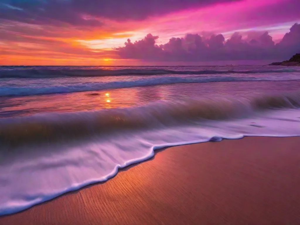 Descrição da imagem: Um pôr do sol deslumbrante sobre uma praia tranquila, com tons vibrantes de laranja, rosa e roxo pintando o céu. As ondas beijam suavemente a costa, criando uma melodia rítmica que harmoniza com a atmosfera calmante. Gaivotas voam elegantemente acima, adicionando um toque de elegância a essa cena pitoresca.