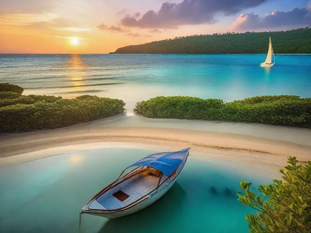 Tema: Serenidade
Descrição: Uma imagem deslumbrante de uma praia serena e isolada ao amanhecer. Os raios dourados do sol beijam suavemente as águas calmas e turquesas, enquanto um barco à vela solitário desliza pacificamente no horizonte. A vegetação exuberante ao redor adiciona um toque de tranquilidade à cena, cri