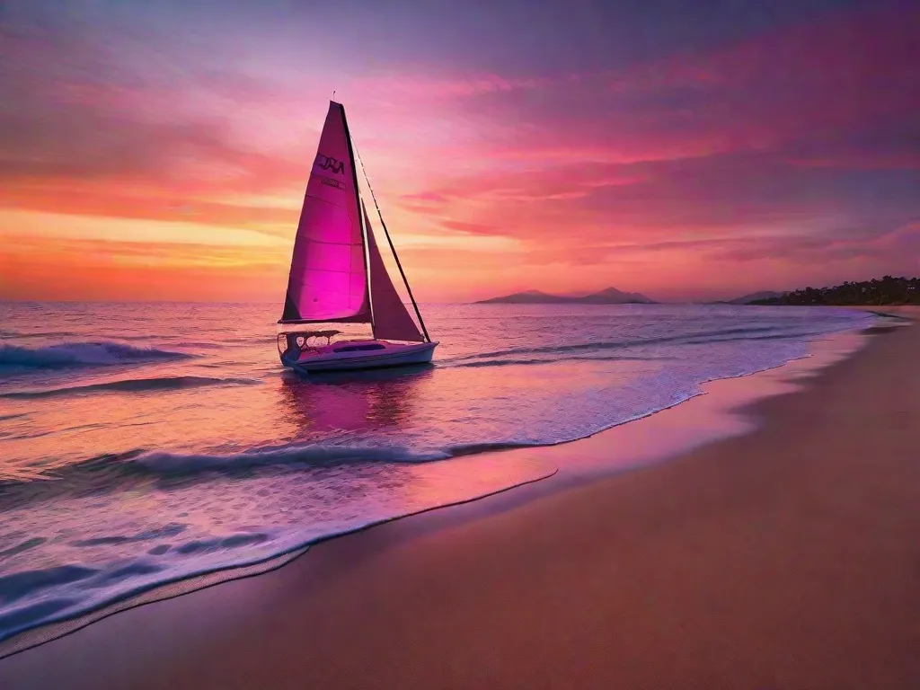Descrição da imagem: Um pôr do sol deslumbrante sobre uma praia tranquila, com tons vibrantes de laranja, rosa e roxo pintando o céu. As ondas beijam suavemente a costa, criando uma melodia rítmica que harmoniza com a atmosfera calmante. Gaivotas voam elegantemente acima, adicionando um toque de elegância a essa cena pitoresca.