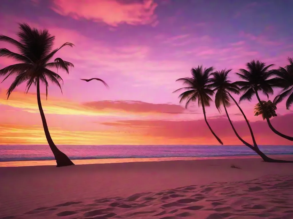 Uma cena serena de praia ao pôr do sol, com ondas suaves rolando até a costa. O céu está pintado em tons vibrantes de laranja e rosa, criando um cenário pitoresco para as silhuetas das palmeiras balançando na brisa da noite.