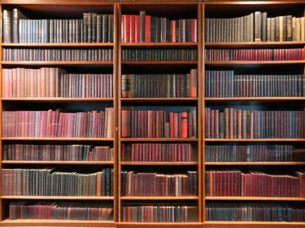 Descrição da imagem: Uma fotografia em close-up de uma estante de livros cheia de livros organizados meticulosamente. Cada livro está perfeitamente alinhado e categorizado por gênero ou autor. Os títulos estão dispostos de forma ordenada, criando um arranjo visualmente agradável e simétrico. Essa imagem representa a natureza obsessivo-compulsiva da organização de livros, reflet