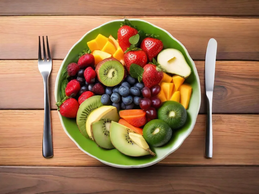 Descrição da imagem: Um prato vibrante e colorido de comida está sobre uma mesa de madeira, mostrando uma refeição equilibrada e nutritiva para atletas. O prato é composto por fontes de proteína magra, como frango grelhado e tofu, acompanhados por uma variedade de legumes coloridos, grãos integrais e uma porção de frutas frescas.