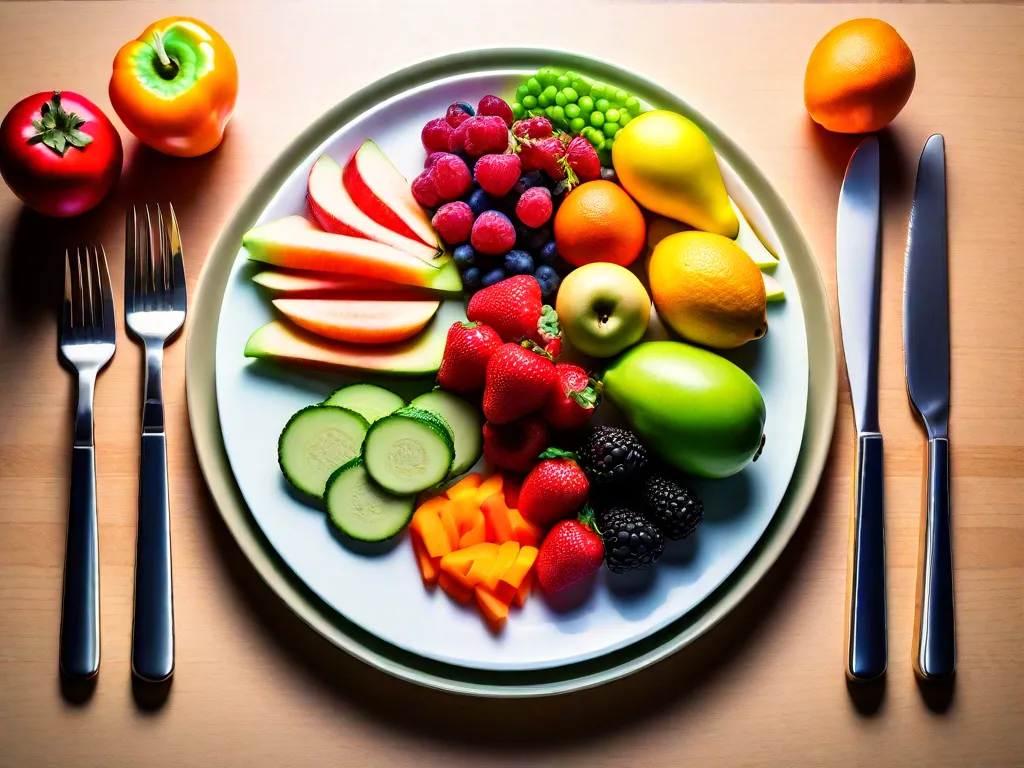 Descrição da imagem: Um prato vibrante e colorido de comida nutritiva, incluindo uma variedade de frutas, legumes, proteínas magras e grãos integrais. O prato está lindamente arranjado, destacando a importância da nutrição equilibrada e saudável no desempenho esportivo e na saúde geral.