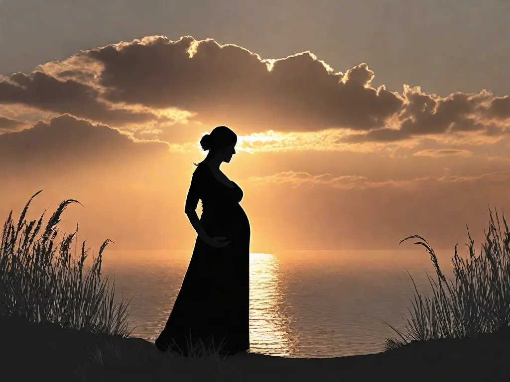 Descrição: Uma elegante fotografia em preto e branco capturando a silhueta de uma mulher grávida em pé diante de um pôr do sol deslumbrante. O suave brilho do sol poente destaca sua barriga lindamente curvada, simbolizando a antecipação e alegria da maternidade.