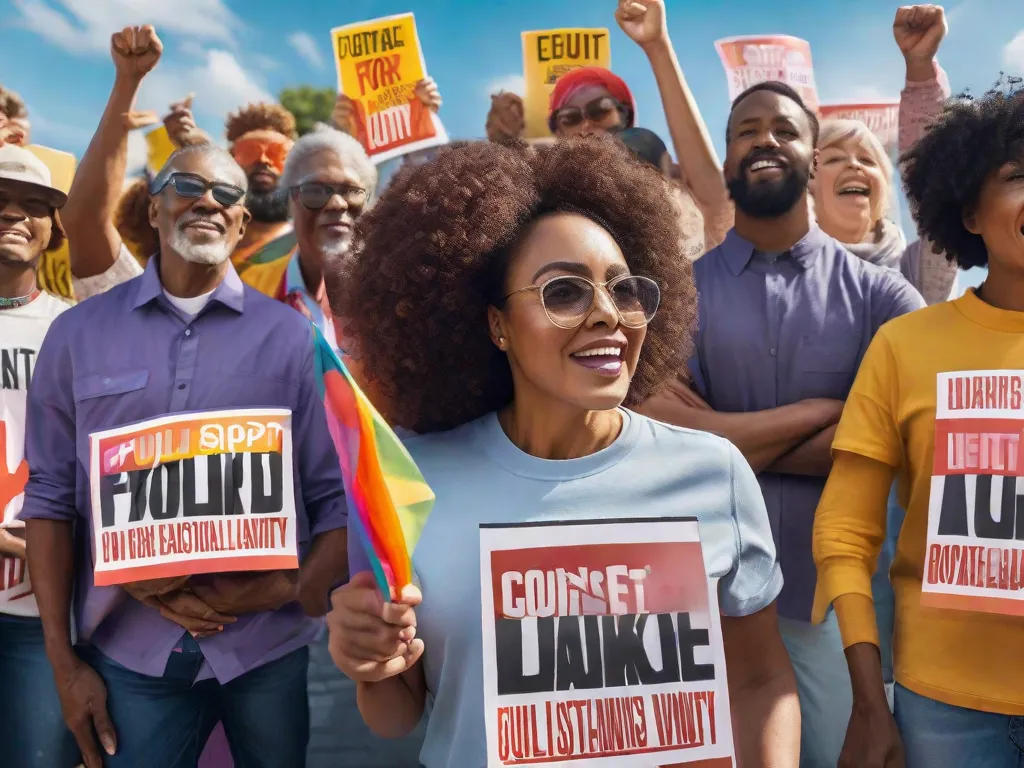 Uma imagem vibrante e dinâmica que mostra um grupo diversificado de adultos engajados em um protesto pacífico, segurando placas coloridas com mensagens poderosas que defendem a justiça social e a igualdade. A imagem captura o espírito de união e ação coletiva, simbolizando a força do movimento de esquerda.