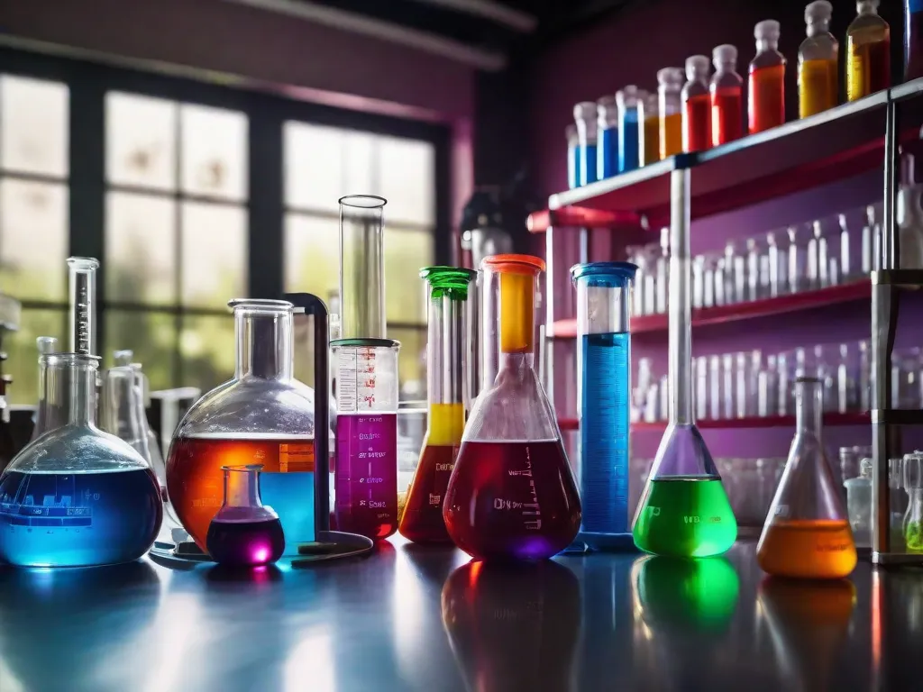 Uma imagem em close-up de um colorido laboratório de química, com balões, tubos de ensaio e vários produtos químicos. Os líquidos vibrantes dentro dos recipientes de vidro criam uma exibição visualmente atraente, representando o mundo diversificado e fascinante da química encontrado em um único espaço.