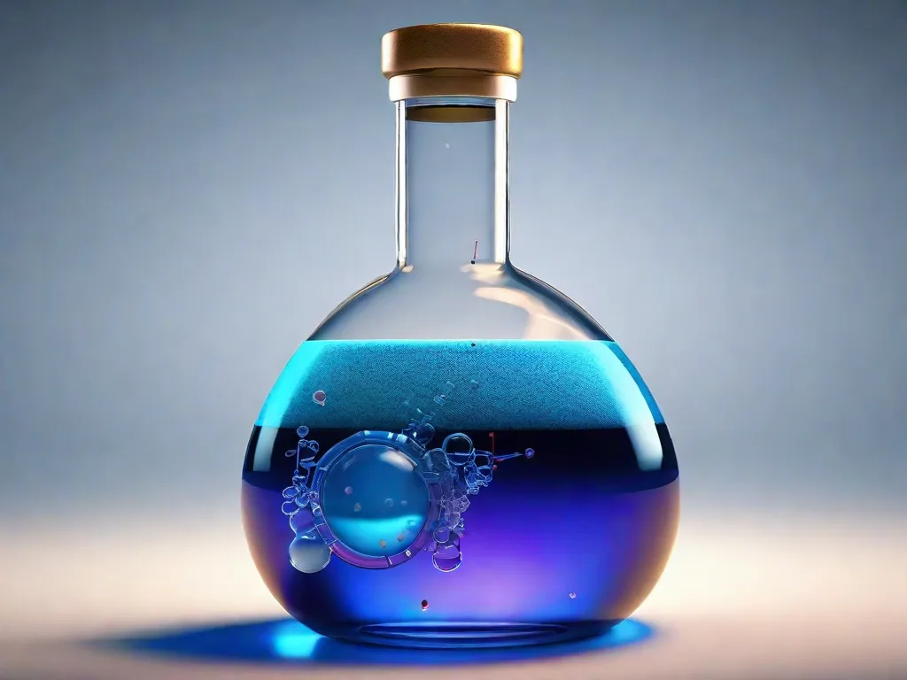 Uma imagem em close de um frasco de laboratório preenchido com um líquido azul vibrante, representando o conceito de