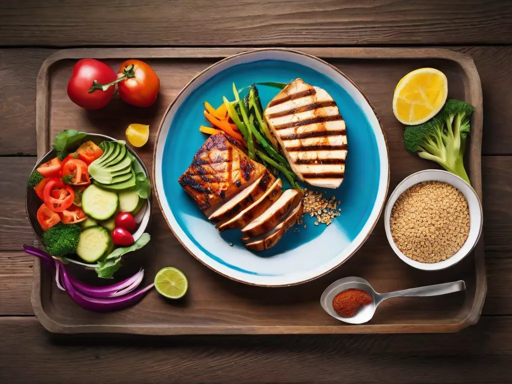 Descrição da imagem: Um prato vibrante e colorido de comida está sobre uma mesa de madeira, mostrando uma refeição equilibrada e nutritiva para atletas. O prato é composto por fontes de proteína magra, como frango grelhado e tofu, acompanhados por uma variedade de legumes coloridos, grãos integrais e uma porção de frutas frescas.