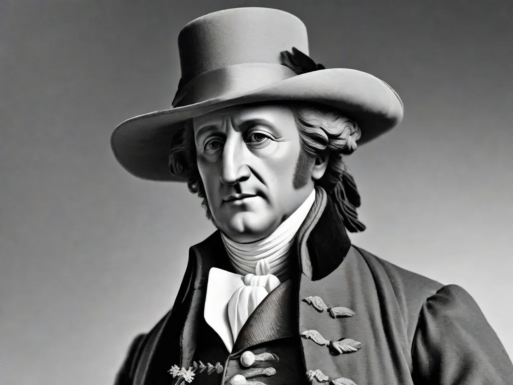 Descrição: Um retrato em preto e branco de Johann Wolfgang von Goethe, um escritor e estadista alemão. Ele é retratado com uma expressão contemplativa, seus olhos penetrantes olhando para o horizonte. As linhas em seu rosto refletem a sabedoria e a profundidade de suas obras literárias, simbolizando seu impacto profundo na literatura e cultura alemã.