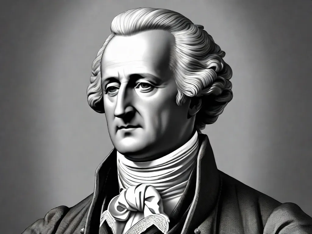 Descrição: Um retrato em preto e branco de Johann Wolfgang von Goethe, um escritor e estadista alemão. Ele é retratado com uma expressão contemplativa, seus olhos penetrantes olhando para o horizonte. As linhas em seu rosto refletem a sabedoria e a profundidade de suas obras literárias, simbolizando seu impacto profundo na literatura e cultura alemã.