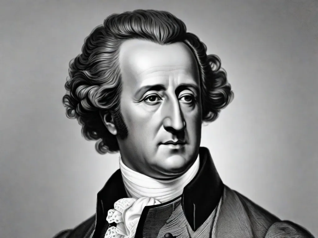 Um retrato em preto e branco de Johann Wolfgang von Goethe, um renomado escritor e polímata alemão. Ele é retratado usando uma vestimenta formal, com uma expressão contemplativa no rosto, capturando sua essência intelectual e criativa. A imagem exala um senso de sabedoria e profundidade, refletindo as profundas contribuições de Goethe para a literatura e filosof