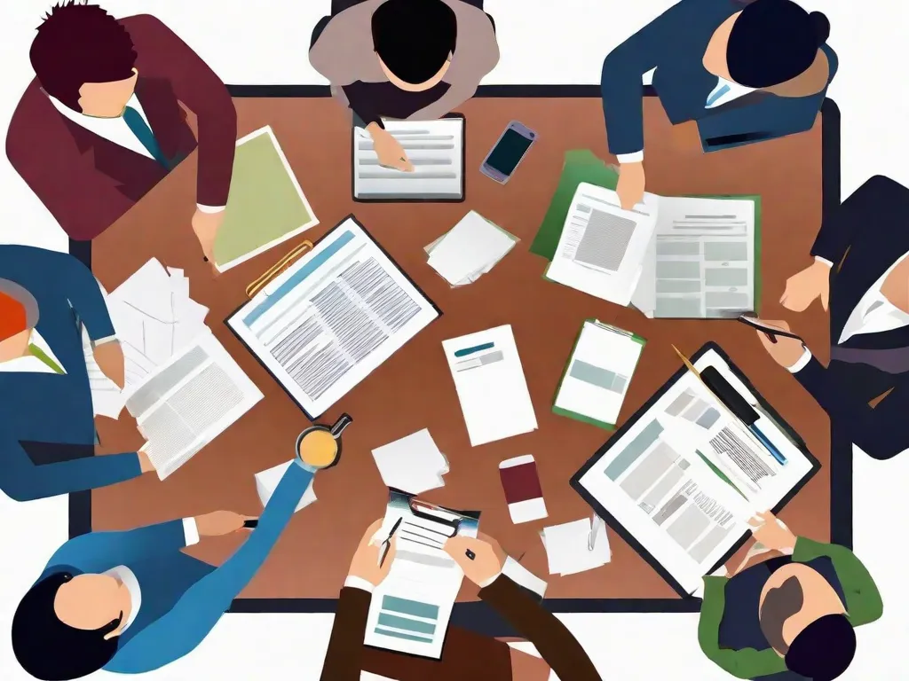 Uma imagem de um grupo de pessoas sentadas ao redor de uma mesa, com papéis e documentos espalhados na frente delas. Elas estão envolvidas em uma discussão, trocando ideias e tomando decisões sobre o inventário e distribuição de ativos. A imagem representa o processo de inventário e compartilhamento, destacando a colaboração e comunicação entre as pessoas.