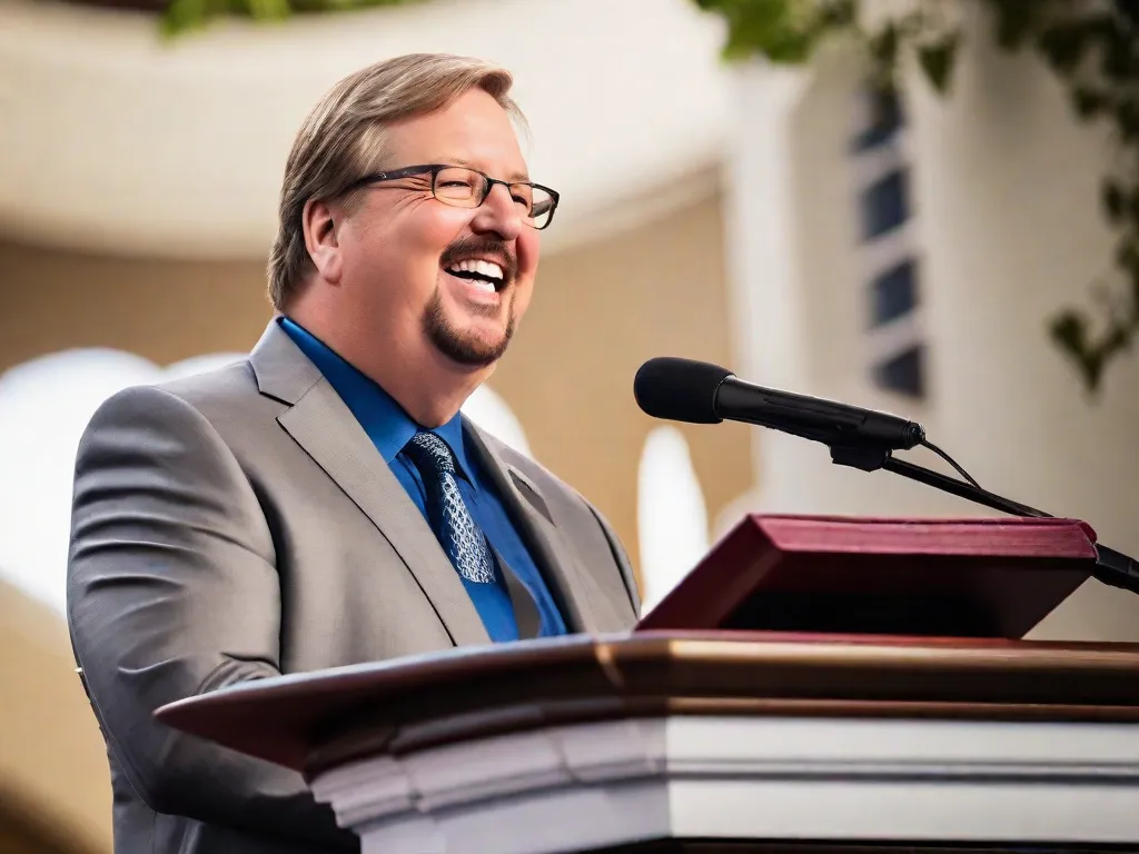 Descrição da imagem:
Um close-up de um púlpito com um microfone, simbolizando a voz influente de Rick Warren. O púlpito está adornado com um livro intitulado 
