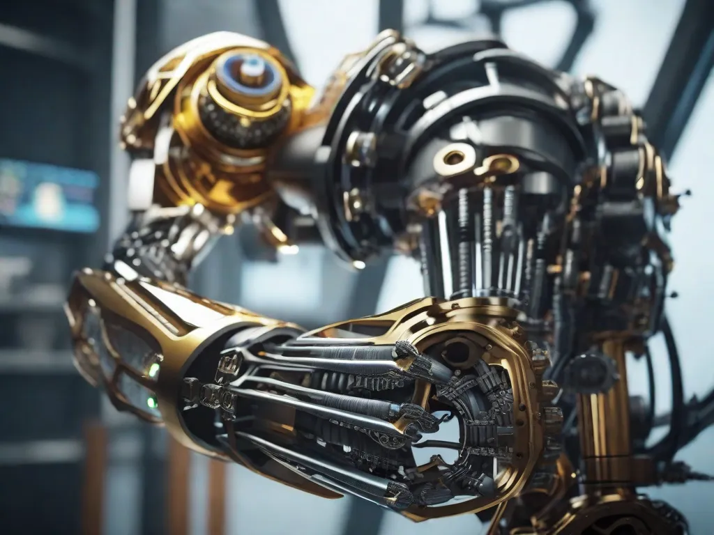 Descrição: Uma imagem em close-up de um braço robótico com articulações e engrenagens metálicas intricadas. O braço está em movimento, demonstrando suas capacidades biomecânicas. A imagem destaca a fusão da tecnologia com a biologia, simbolizando o campo da biomecânica e seu potencial em aprimorar o movimento humano e o desempenho.