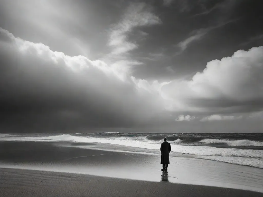 Uma silhueta de dois amantes em pé em um penhasco, seus corpos entrelaçados enquanto se abraçam sob um céu iluminado pela lua. Seus rostos estão escondidos, mas sua postura e o suave balançar de seus corpos transmitem uma profunda sensação de desejo e amor proibido. O oceano bate contra as rochas abaixo, refletindo as