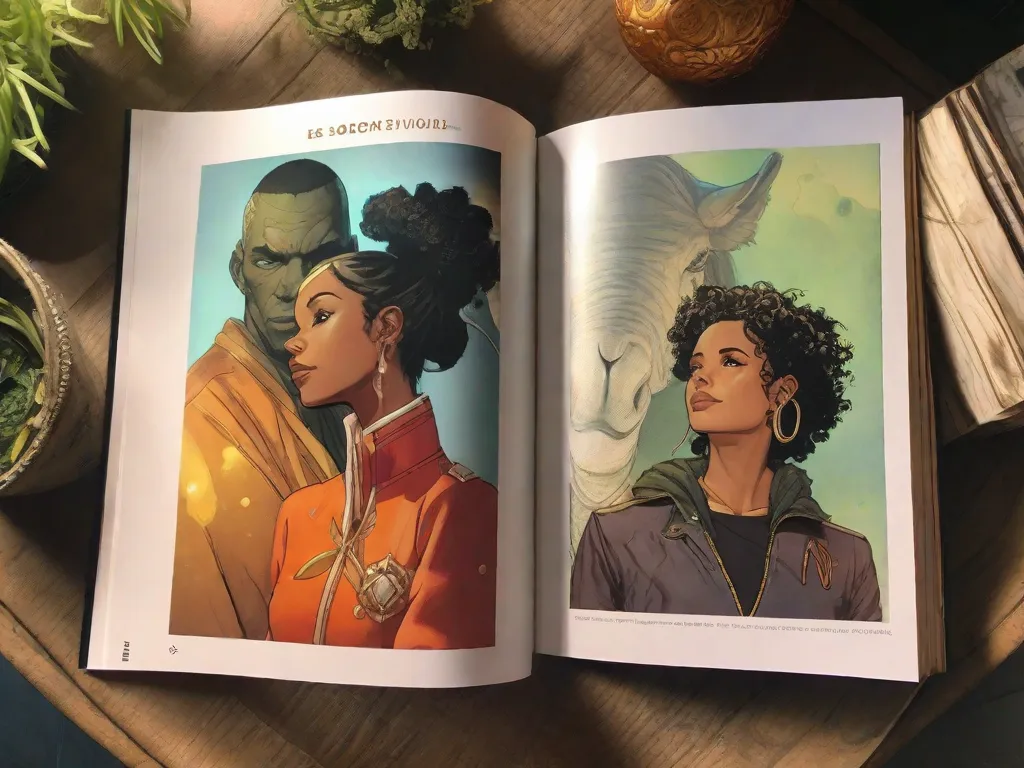 Um close-up de uma cópia desgastada de Saga, de Brian K. Vaughan, sua vibrante capa retratando um casal de mundos diferentes destinados a ficarem juntos. As páginas estão marcadas com orelhas, revelando uma história cativante que mescla ficção científica, fantasia e romance, deixando os leitores ansiando pela próxima edição.