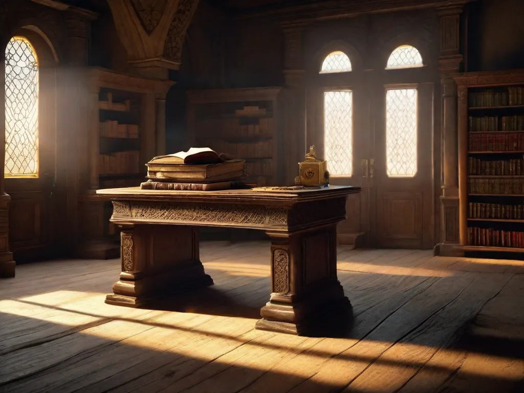 Uma sala mal iluminada com uma antiga escrivaninha de madeira coberta de livros empoeirados e pergaminhos. Um único raio de luz atravessa uma janela rachada, iluminando um misterioso artefato antigo colocado sobre a mesa. O enigmático objeto é adornado com símbolos intricados, aumentando a sensação de intriga e mistério.