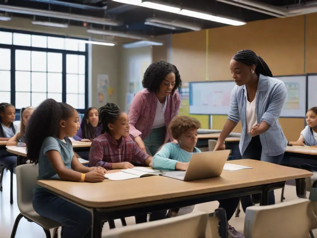 A imagem retrata um ambiente de sala de aula diversificado, com alunos de habilidades variadas envolvidos em aprendizado interativo. O professor está usando recursos visuais e tecnologia adaptativa para apoiar as necessidades individuais de cada aluno. O ambiente é inclusivo, promovendo um ambiente de aprendizado positivo e de apoio para todos.