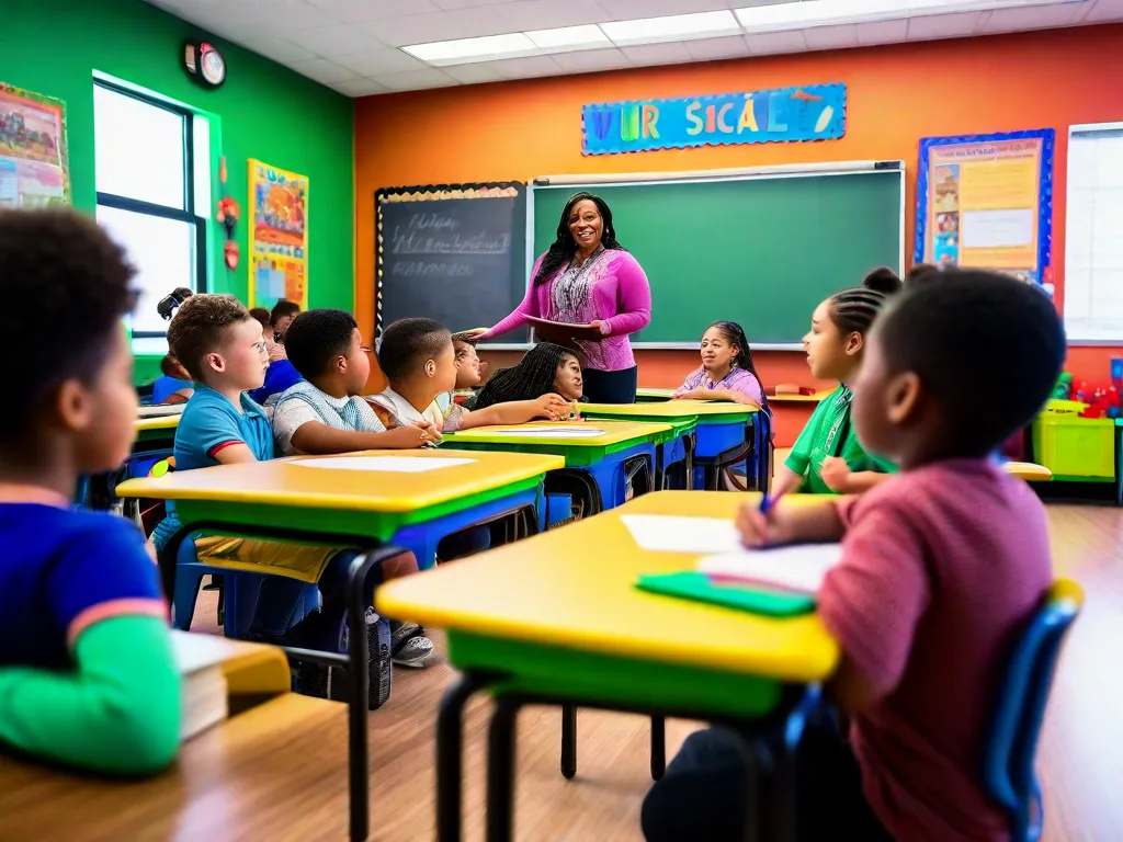 Descrição da imagem: Uma sala de aula cheia de estudantes diversos envolvidos em várias atividades. O professor está fornecendo suporte individualizado a um aluno com necessidades especiais, usando materiais visuais e ferramentas adaptativas. O ambiente é inclusivo e de apoio, promovendo oportunidades iguais para todos os alunos prosperarem e terem sucesso em sua educação.