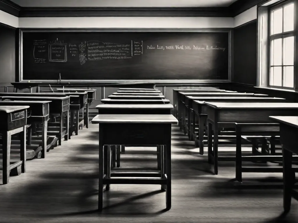 Uma imagem em preto e branco de uma sala de aula vintage com fileiras de carteiras de madeira e um quadro-negro na frente. A imagem captura a essência do trabalho influente de Jean Piaget na psicologia infantil, simbolizando o ambiente educacional tradicional onde suas teorias sobre o desenvolvimento cognitivo foram exploradas e aplicadas.