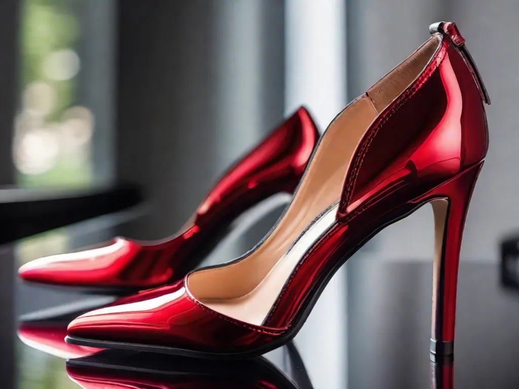 Uma imagem em close de um par de sapatos de salto alto vermelhos, perfeitamente polidos, em pé sobre uma superfície preta e elegante. O charme sedutor dos sapatos é realçado pela cor vibrante e pelo reflexo de uma iluminação suave e fraca, criando uma atmosfera de elegância e sensualidade.