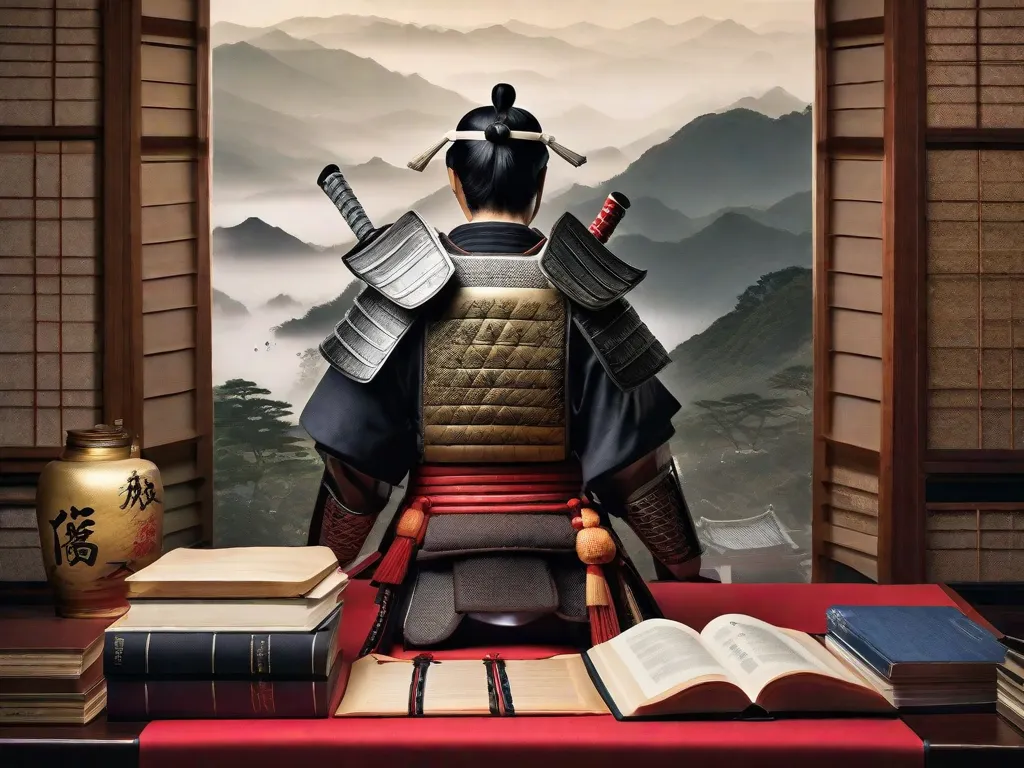 Em uma sala pouco iluminada, uma prateleira de madeira desgastada se ergue alta contra a parede. As prateleiras estão cheias até a borda com livros envelhecidos de Hiroshi Hirata, cada um carregando o peso de inúmeras histórias e aventuras. As capas, adornadas com ilustrações intrincadas, convidam os leitores para um mundo de samurais,