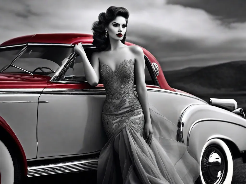 Uma imagem em preto e branco captura a essência da sedução. Uma mulher com olhos esfumados e lábios vermelhos e luxuosos encosta-se em um carro antigo, seu vestido de seda fluindo ao vento. O fascínio em seu olhar deixa um rastro de mistério e desejo, tornando impossível desviar o olhar.