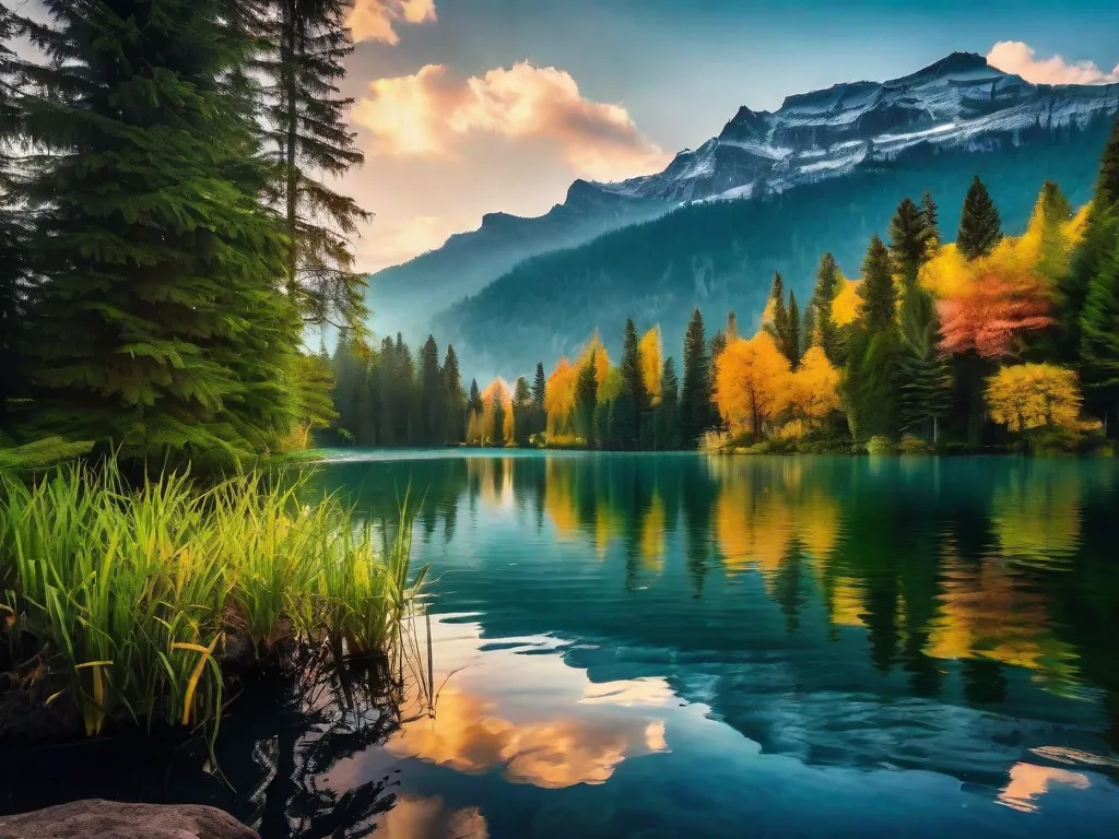 Tema: Serenidade na Natureza
Descrição: Uma imagem deslumbrante de um lago sereno aninhado entre montanhas imponentes. A água límpida e calma reflete as cores vibrantes das árvores ao redor, criando uma cena pitoresca de tranquilidade. A atmosfera pacífica é realçada pelas suaves ondulações na superfície, convidando os