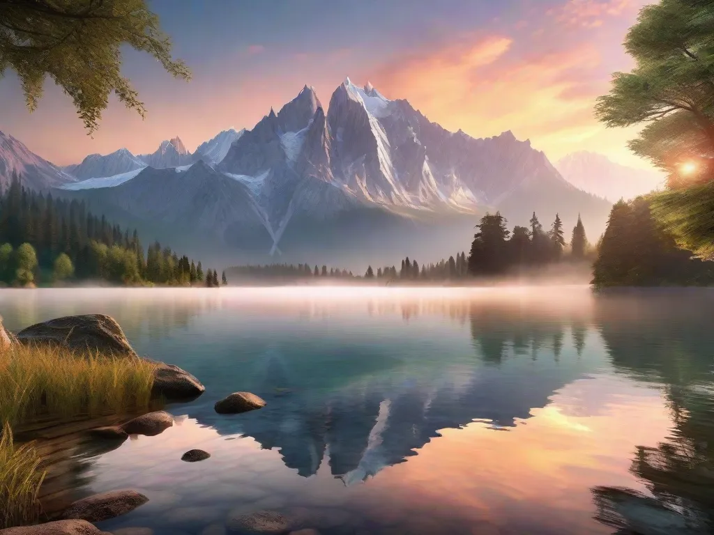 Tema: Serenidade na Natureza
Descrição: Uma imagem deslumbrante de uma paisagem serena de montanha ao amanhecer. Os picos majestosos se erguem acima de um lago tranquilo, refletindo as tonalidades suaves de um céu pastel. A quietude da cena evoca uma sensação de paz e harmonia, convidando os espectadores a encontrarem consolo na beleza