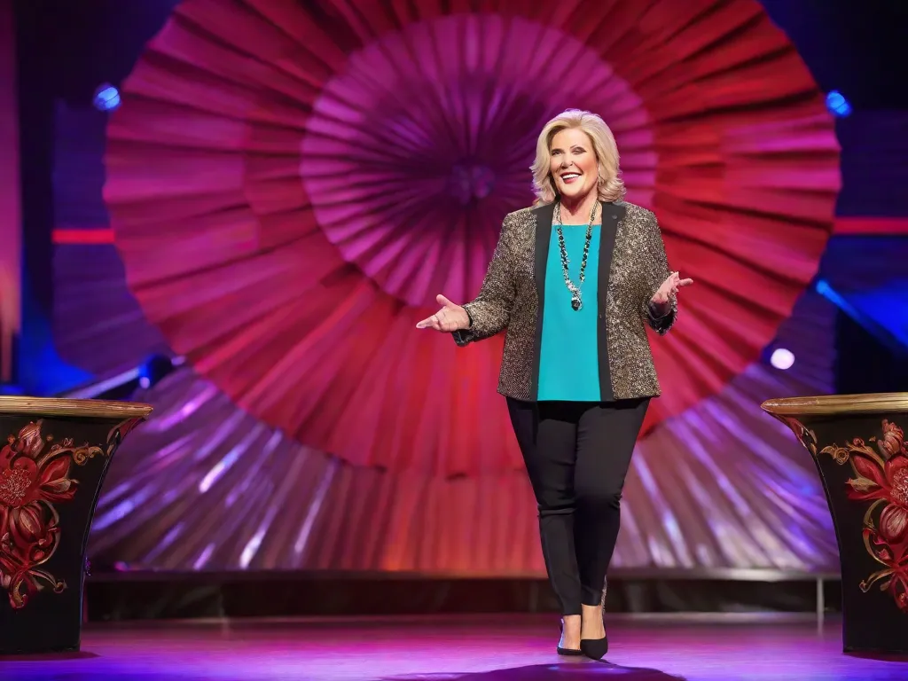 Descrição: Uma imagem vibrante de Sheila Walsh, uma renomada autora e palestrante, irradiando confiança enquanto ela está em um palco, cativando a plateia com suas palavras poderosas. Seus olhos expressivos e sorriso caloroso refletem sua paixão por inspirar os outros a superarem desafios e encontrarem esperança em suas vidas.