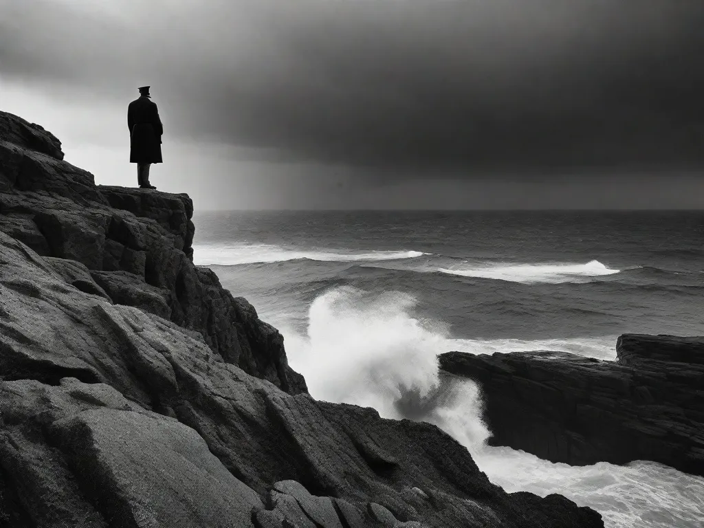 Uma imagem em preto e branco de uma figura solitária em pé em um penhasco rochoso, olhando para a vastidão de um mar tempestuoso. A silhueta da figura é forte e determinada, simbolizando a filosofia de Friedrich Nietzsche de abraçar os desafios e o caos da vida com resiliência e coragem.