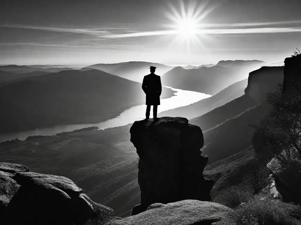 Descrição: Uma fotografia em preto e branco de uma figura solitária em pé em um penhasco rochoso, observando uma paisagem vasta e acidentada. A silhueta da pessoa é enquadrada pelo sol poente, simbolizando a exploração filosófica de Friedrich Nietzsche sobre o individualismo, o existencialismo e a busca da verdade em um mundo caótico.