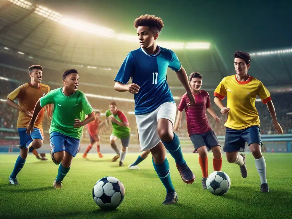 Um grupo de jovens jogadores de futebol, cheios de energia e entusiasmo, são vistos em um campo verde, usando camisas coloridas e chutando uma bola com grande paixão. Seus rostos determinados refletem sua dedicação ao jogo, enquanto eles perseguem a bola com pura alegria e trabalho em equipe.