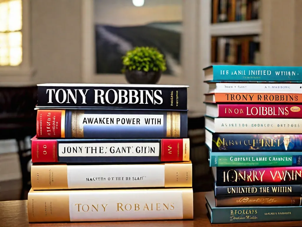 Descrição da imagem: Uma fotografia em close-up de uma pilha de livros com o nome de Tony Robbins destacado nas lombadas. Os livros estão organizados de forma arrumada, exibindo títulos como