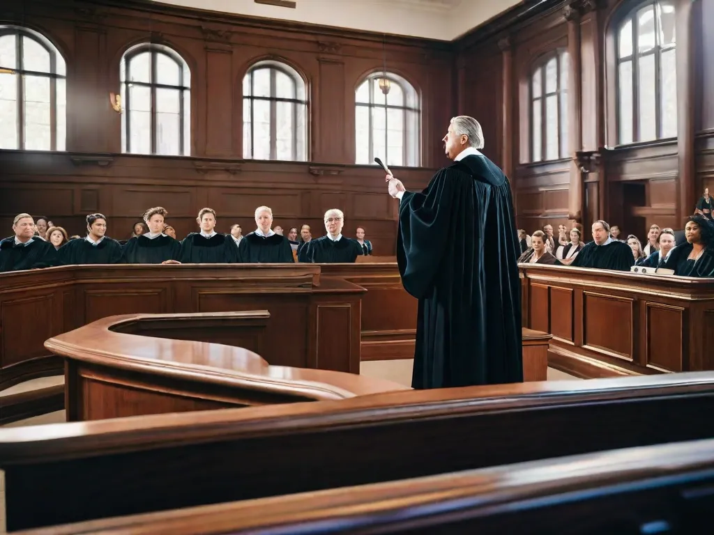Descrição da imagem: Um tribunal com um juiz sentado em uma plataforma elevada, vestindo uma toga preta e segurando um martelo. Advogados vestidos formalmente estão de pé em ambos os lados, apresentando seus argumentos. A sala está cheia de pessoas, incluindo jurados, funcionários do tribunal e observadores, todos engajados atentamente no processo de litígio civil.