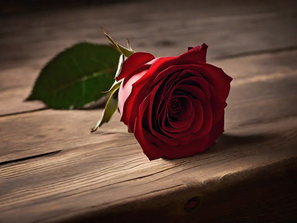 Descrição: Em uma sala levemente iluminada, uma única rosa vermelha repousa sobre uma mesa de madeira, simbolizando o romance agridoce de Tristão. As pétalas estão levemente murchas, refletindo a natureza melancólica de sua história de amor. A luz suave das velas lança um brilho romântico, evocando as emoções apaixonadas e tr