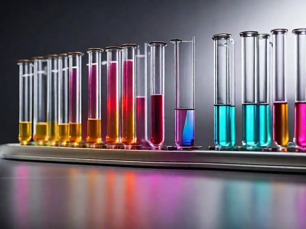 Uma imagem em close-up de uma variedade colorida de tubos de ensaio preenchidos com diversas soluções químicas, alinhados em um laboratório. Os líquidos vibrantes dentro dos tubos representam a diversidade de experimentos e reações que podem ser explorados no campo da química.