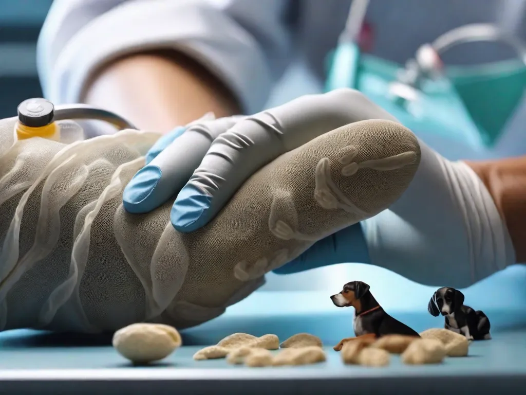 Descrição da imagem: Uma fotografia em close-up das mãos de um veterinário examinando delicadamente as patas de um cachorro. A imagem mostra os detalhes intricados das almofadas das patas do animal, unhas e o toque suave do veterinário, simbolizando a importância da anatomia veterinária na prestação de cuidados e tratamento aos animais.