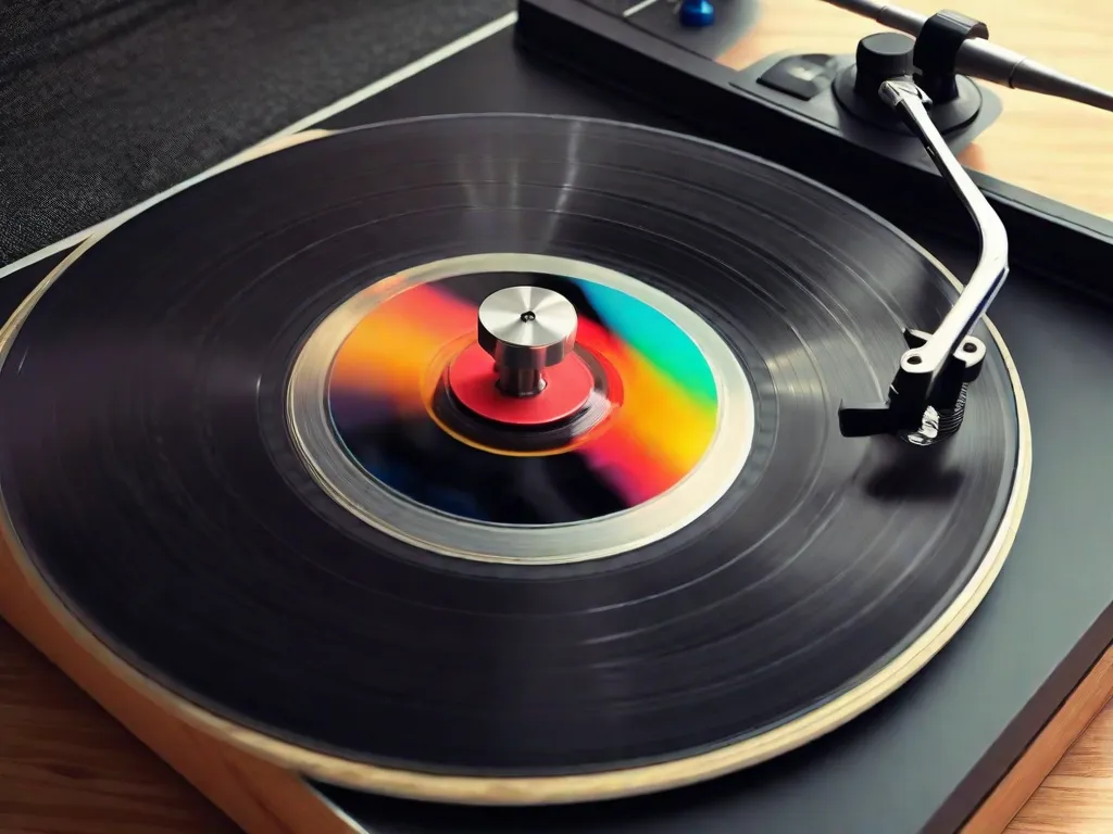 Um close-up de um disco de vinil vintage girando em uma vitrola, capturando o movimento hipnotizante e as cores vibrantes da capa do álbum. A agulha repousa delicadamente nas ranhuras, pronta para produzir uma sinfonia de melodias que nos transportam para um mundo de ritmo e emoção.