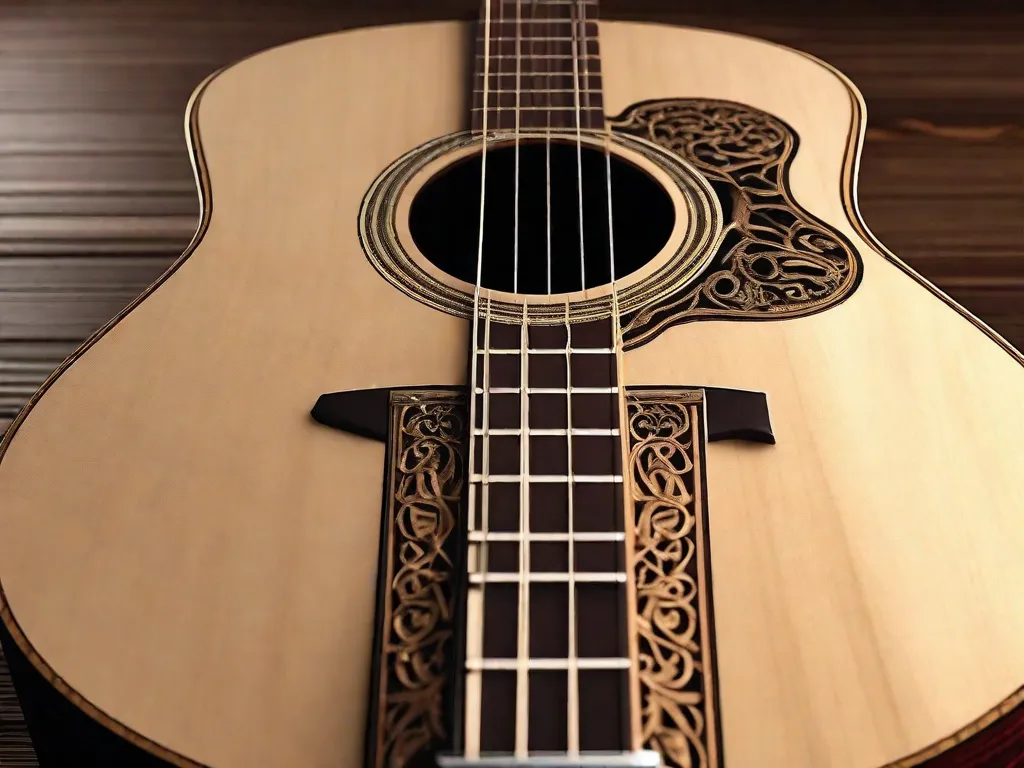 Uma imagem em close de uma violão acústico lindamente trabalhado, exibindo sua marcenaria intricada e curvas elegantes. As cordas estão sendo tocadas suavemente, capturando a essência da música e as melodias cheias de alma que podem ser criadas com esse instrumento atemporal.