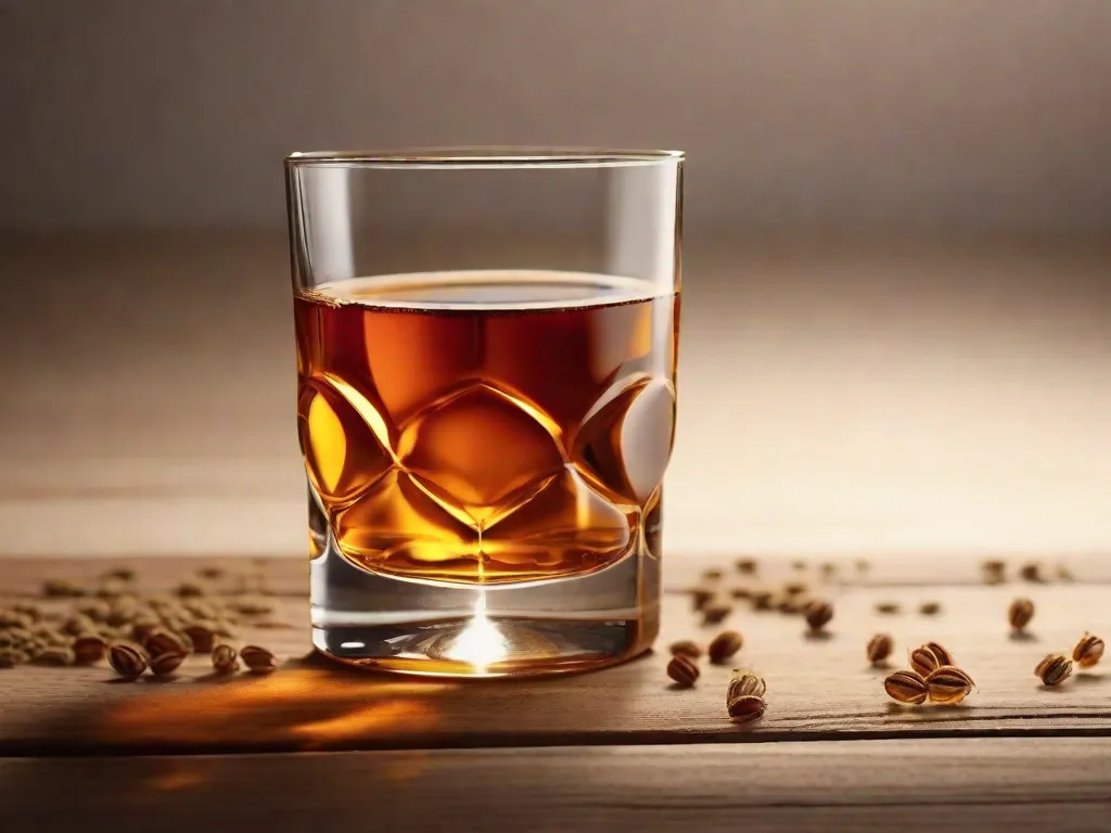 Uma imagem em close-up de um copo cheio de whisky de cor âmbar rico, mostrando sua textura suave e a brincadeira de luz através do líquido. O copo está sobre uma mesa de madeira, cercado por alguns grãos de cevada seca, evocando a essência da habilidade artesanal e o calor de desfrutar de um bom whisky.