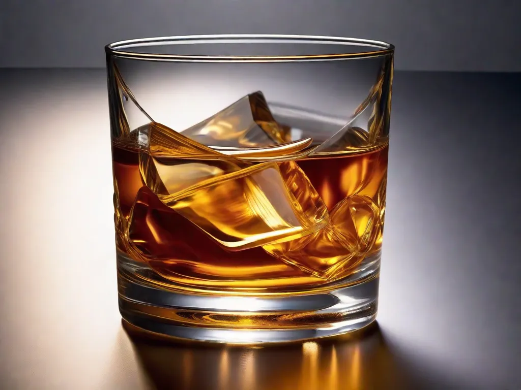 Uma imagem em close-up de um copo de whisky cristalino, cheio de um líquido âmbar dourado, suavemente iluminado pelo brilho suave de uma única vela. As cores ricas e os padrões que se movem no whisky evocam uma sensação de sofisticação e o aroma quente que preenche o ar convida você a saborear seus sabores complexos.