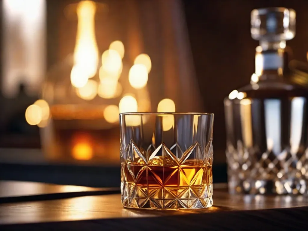 Uma imagem cativante de um copo de whisky cristalino, cheio até a borda com whisky de cor dourada. O líquido âmbar rico gira graciosamente, refletindo o brilho quente de uma lareira crepitante ao fundo. Um único cubo de gelo flutua delicadamente, adicionando um toque de elegância a essa cena sedutora.